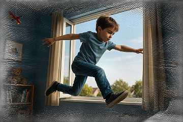 Junge springt aus dem Fenster